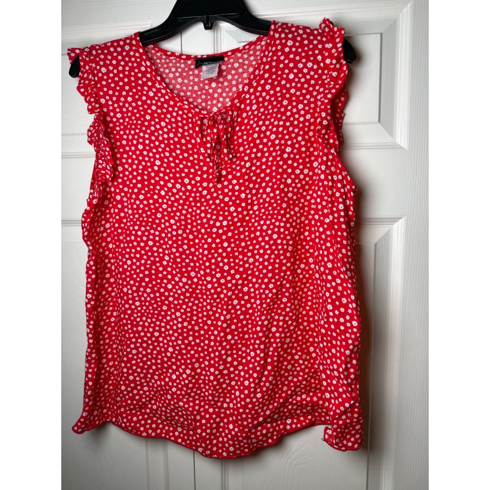 NY Invasion Red White Ditsy Floral Ruffle Sleeveless Blouse Tie Neck Large